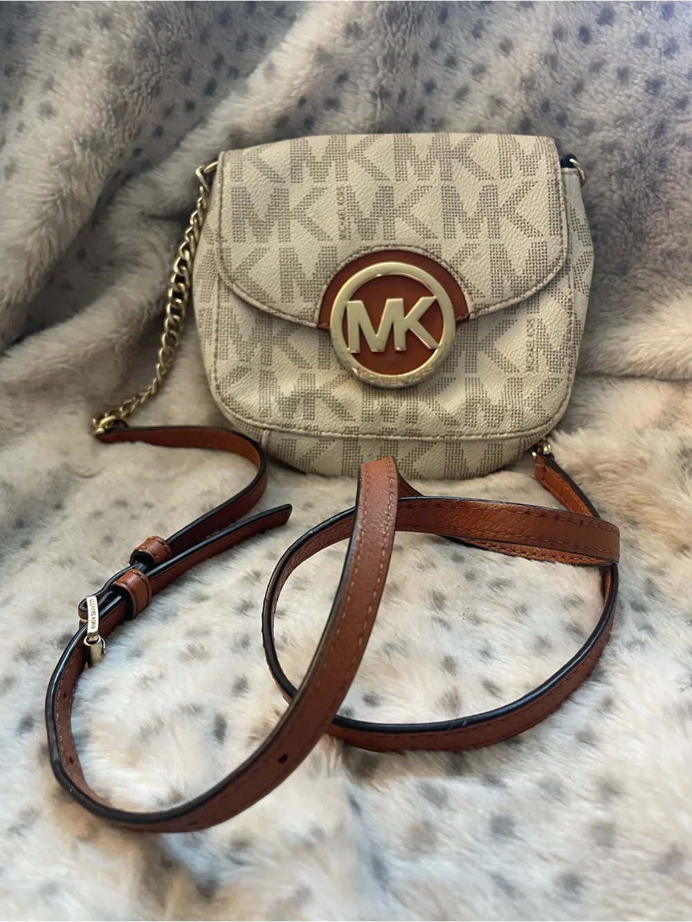 Michael Kors Cream Canvas & Brown Leather MK Logo Crossbody Bag